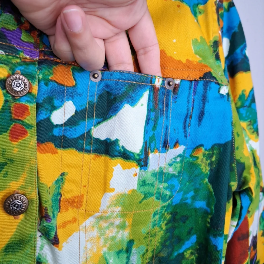 Vintage Women’s Kaktus Art To Wear Cotton Soft Denim Multicolored Jacket Size M - Picture 14 of 14